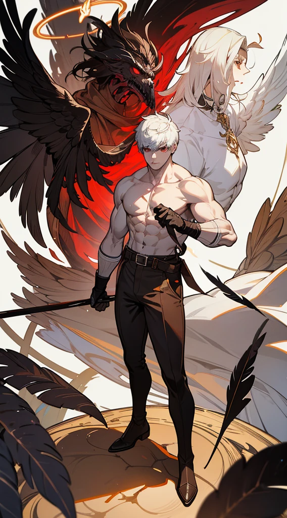 character sheet, character design, multiple angles, full body, book cover, artistic image, three versions of the character, an angel character, a demon character, human character, Handsome man, white hair, very short hair, ((crew cut: 1)), red eyes, fair skin, (( muscular: 1)), man, 28 years old, muscular, in good shape, muscular. no shirt, gold details, brown leather shawl, baggy gray pants, black and brown belts, black boots, brown gloves, lots of belts, red halo, halo behind the head, feathers flying, horns on the head, feathers falling, angel transformation, transformation Demon, human will not transform, three transformations, black feathers, white feathers, elemental power of light, elemental power of shadow, a seraph of chaos, several skeleton hands, power of death, power of life.



