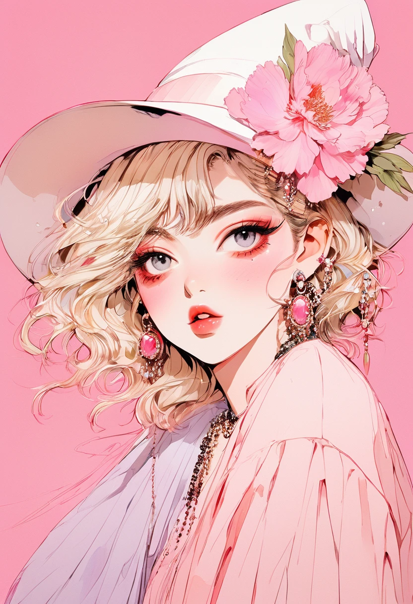 (Highest quality:0.8), (Highest quality:0.8), Perfect illustration,Beautiful woman portrait、One girl, bangs, Black nails, Blonde, Mouth closed, clavicle, ear Earrings, Earrings, Fashion G, hair ornaments, Food, Foodie, Jacket, jewelry, looking at iniewer, Medium Hair, Manicure, necklace, Earrings, short hair, Peony stalk, sleeines past wrists, 一人in, Both sides up, Upper Body, in, Pop Background、Droopy eyes、Celebrity Hat、ぱっつんbangs、summer、Pink gradient background、Earringasquerade Mask、Masquerade Mask、Party Masks、