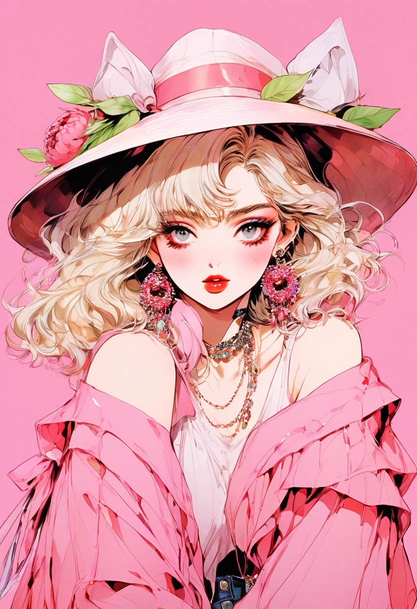 (Highest quality:0.8), (Highest quality:0.8), Perfect illustration,Beautiful woman portrait、One girl, bangs, Black nails, Blonde, Mouth closed, clavicle, ear Earrings, Earrings, Fashion G, hair ornaments, Food, Foodie, Jacket, jewelry, looking at iniewer, Medium Hair, Manicure, necklace, Earrings, short hair, Peony stalk, sleeines past wrists, 一人in, Both sides up, Upper Body, in, Pop Background、Droopy eyes、Celebrity Hat、ぱっつんbangs、summer、Pink gradient background、Earringasquerade Mask、Masquerade Mask、Party Masks、