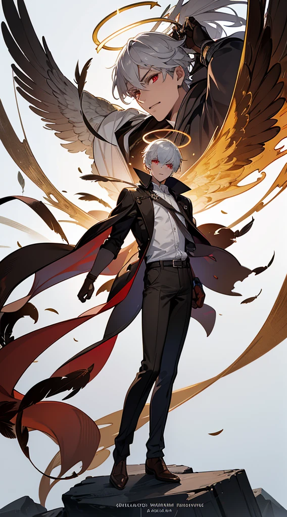 character sheet, character design, multiple angles, full body, book cover, artistic image, three versions of the character, an angel character, a demon character, human character, Handsome man, white hair, very short hair, ((crew cut: 1)), red eyes, fair skin, (( muscular: 1)), man, 28 years old, muscular, in good shape, muscular. no shirt, gold details, brown leather shawl, baggy gray pants, black and brown belts, black boots, brown gloves, lots of belts, red halo, halo behind the head, feathers flying, horns on the head, feathers falling, angel transformation, transformation Demon, human will not transform, three transformations, black feathers, white feathers, elemental power of light, elemental power of shadow, a seraph of chaos, several skeleton hands, power of death, power of life.