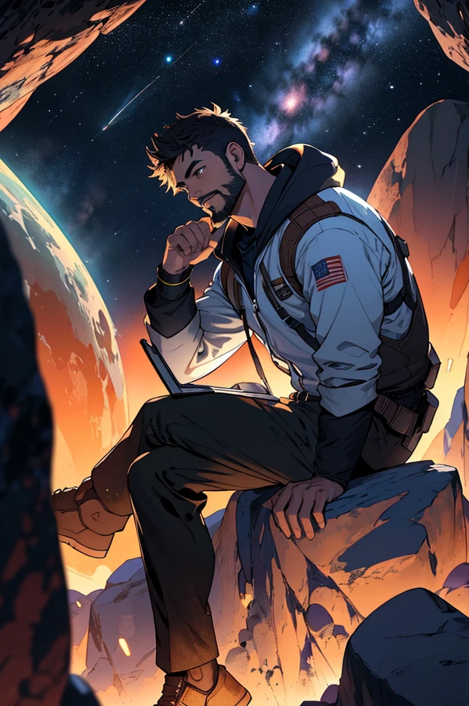 Draw a young programmer, sitting on a research platform floating in the middle of an asteroid belt. He is studying with a notebook, surrounded by several asteroids glowing with fiery auras. Dramatic lighting from distant stars and planets illuminates the scene, casting deep shadows on the suit. The young man looks confident and determined, looking at the vast and mysterious universe with wonder and respect,facial hair, cowboy shot,