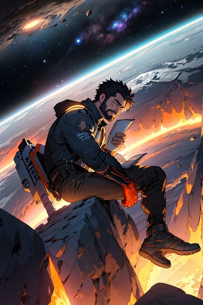 Draw a young programmer, sitting on a research platform floating in the middle of an asteroid belt. He is studying with a notebook, surrounded by several asteroids glowing with fiery auras. Dramatic lighting from distant stars and planets illuminates the scene, casting deep shadows on the suit. The young man looks confident and determined, looking at the vast and mysterious universe with wonder and respect,facial hair, cowboy shot,