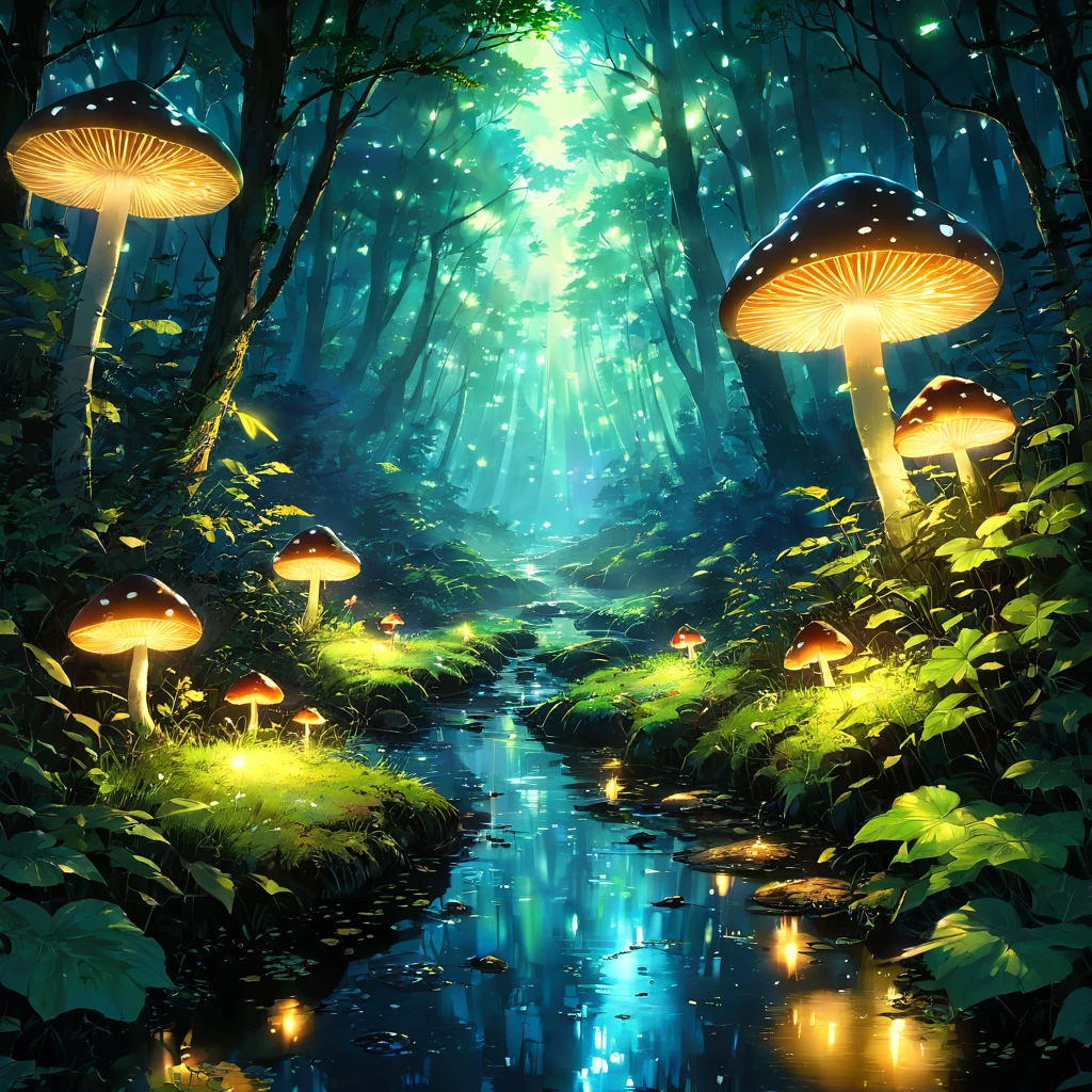 eveningの柔らかな光に包まれた、幻想的なforestの風景。wood々Between、Like a star that has descended to earth々like、fireflyの光が舞っている。足元にはGlowing Mushroomが淡い光を放ち、近くのstreamの水面に映り込んでいる。The air is filled with the sounds of crickets chirping and rustling leaves.、夏の夜のSilenceなシンフォニーを奏でている。美しいAnime Scenery, Landscape painting, Beautiful digital painting, Andreas Rocha, Beautiful artwork illustration, Awesome Wallpapers, Raymond Han, Tall beautiful paintings, Studio Ghibli Makoto Shinkai, Beautiful Wallpapers, Anime Scenery, firefly, Glowing Mushroom, forest, stream, evening, mysterious, Silence, Humans don't draw