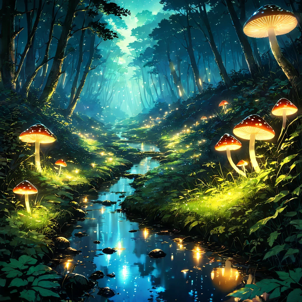 eveningの柔らかな光に包まれた、幻想的なforestの風景。wood々Between、Like a star that has descended to earth々like、fireflyの光が舞っている。足元にはGlowing Mushroomが淡い光を放ち、近くのstreamの水面に映り込んでいる。The air is filled with the sounds of crickets chirping and rustling leaves.、夏の夜のSilenceなシンフォニーを奏でている。美しいAnime Scenery, Landscape painting, Beautiful digital painting, Andreas Rocha, Beautiful artwork illustration, Awesome Wallpapers, Raymond Han, Tall beautiful paintings, Studio Ghibli Makoto Shinkai, Beautiful Wallpapers, Anime Scenery, firefly, Glowing Mushroom, forest, stream, evening, mysterious, Silence, Humans don't draw