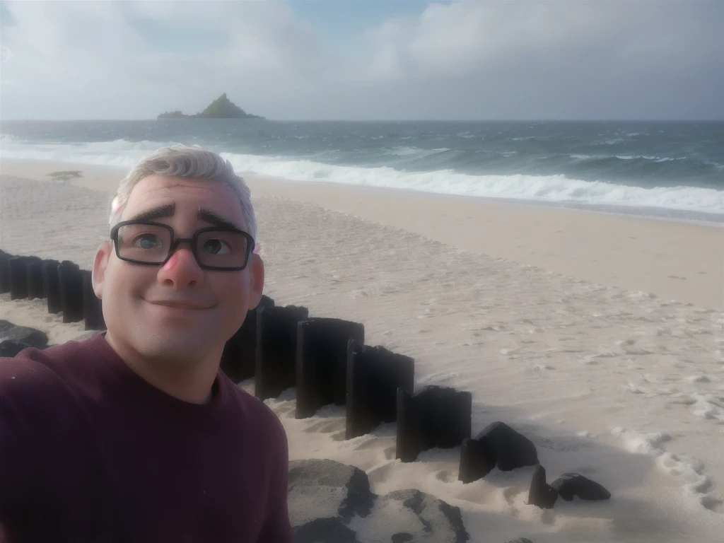 há um homem standing on the beach tirando uma selfie, beach photo, in a seaside setting, posing on a beach with the ocean, standing near the beach, standing on the beach, profile image, standing next to the ocean, the sea and storms behind him, sitting at the beach, in the sea, sitting at the beach, album photo