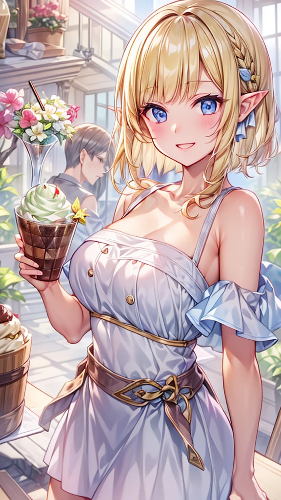 Very close、((Focus on the upper body))、(((16K、masterpiece、High resolution、High resolution)))、((****ung elven girl))、((Beautiful blonde))、short hair、((Beautiful Blue Eyes))、((Pointy Ears))、A very happy face、Grin、blush、Pink Lip Gloss,((Summer clothes with a calm design))、((Ice cream shop、Sit on a chair、Chocolate parfait on the table))、((Put your hands together))