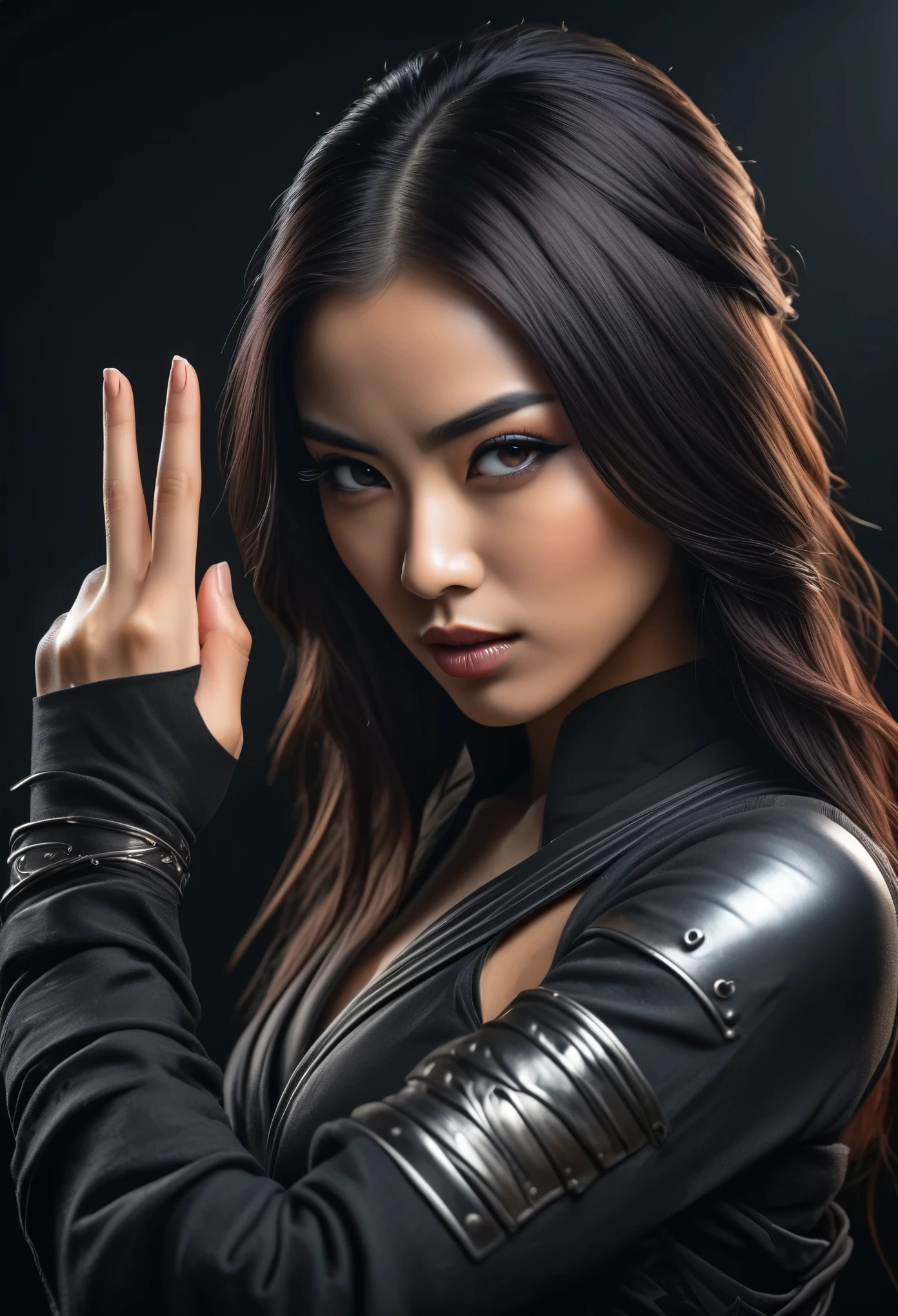 (best quality, 4k, 8k, highres, masterpiece:1.2), ultra-detailed, (realistic, photo realistic,photo-realistic:1.37),a beautiful female ninja making a hand sign, intricate detailed face, piercing eyes, detailed lips, flowing hair, graceful pose, dynamic action, dark mysterious background, cinematic lighting, dramatic shadows, digital art, concept art, Her hands are clasped together in a hand gesture, (a metal plate on her forehead:1.4)