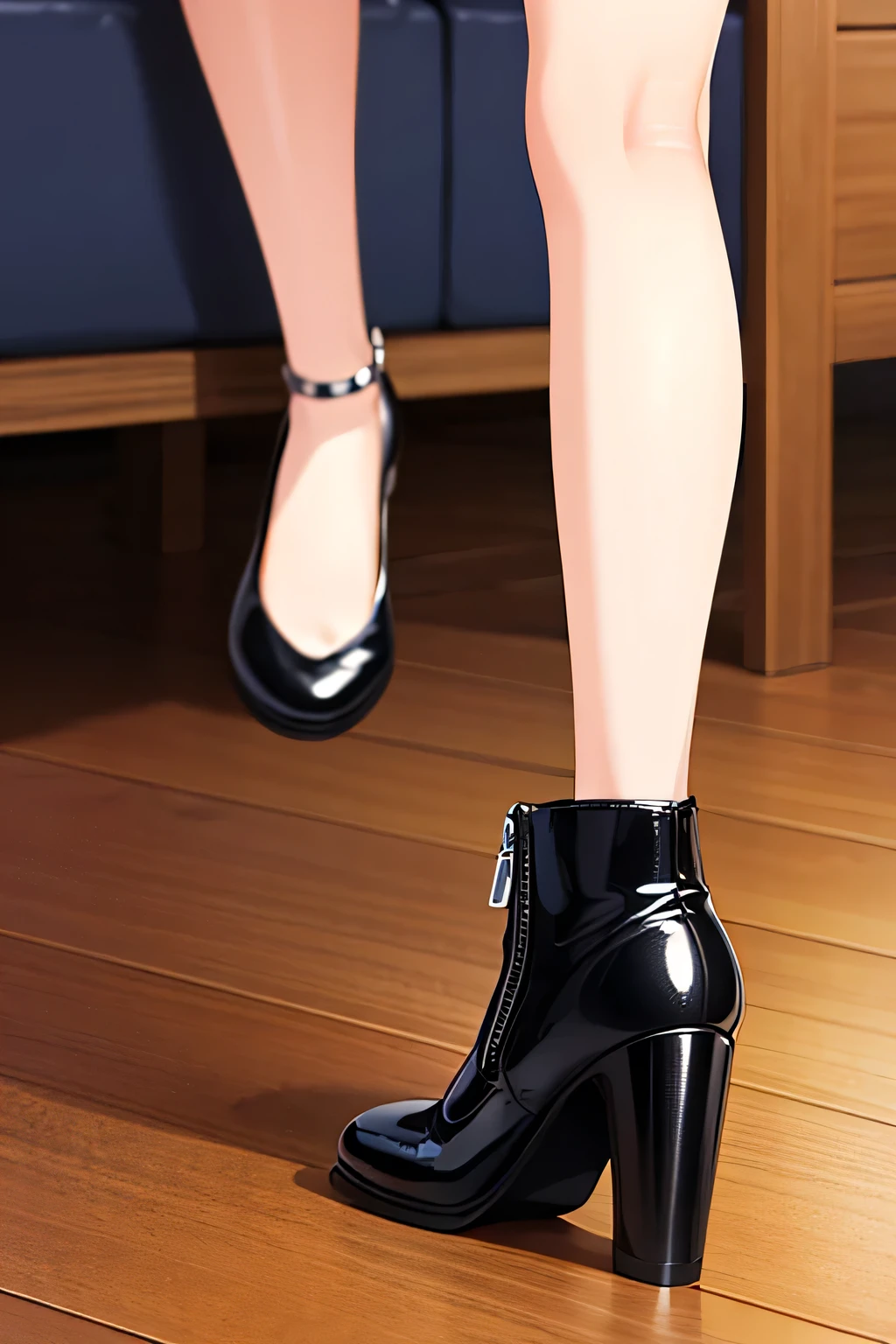 anime girl, high heel boots, leg posing, floor close up view