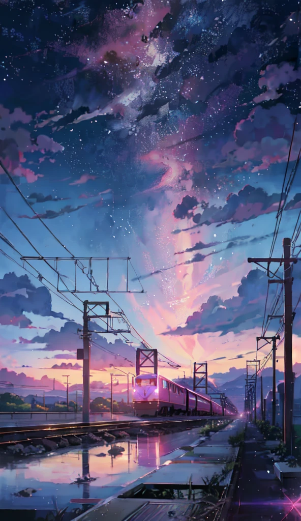 Anime train crossing track in sky background, beautiful and harmonious scene, exquisite animation, rich details (width is 672), high quality, clarity 4k, artistic 4k wallpaper, stunning anime landscape, 8k art wallpaper.