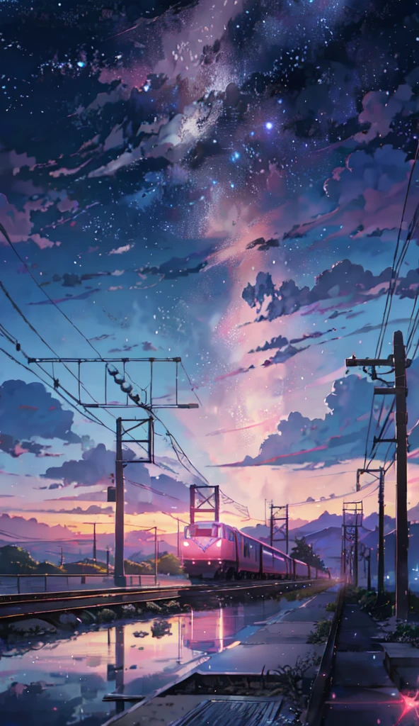 Anime train crossing track in sky background, beautiful and harmonious scene, exquisite animation, rich details (width is 672), high quality, clarity 4k, artistic 4k wallpaper, stunning anime landscape, 8k art wallpaper.