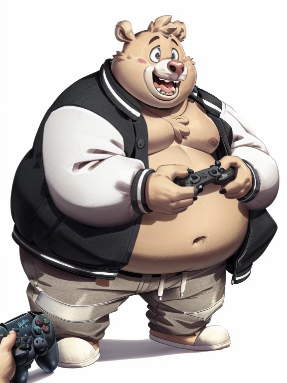 (obese, overweight, anthro, male),(detailed eyes, detailed face), pilebitc, (soft shading), open mouth, simple background, white background, holding, jacket, full body, open clothes, pants, open jacket, pectorals, game controller, letterman jacket, holding controller, buck teeth, playstation controller,