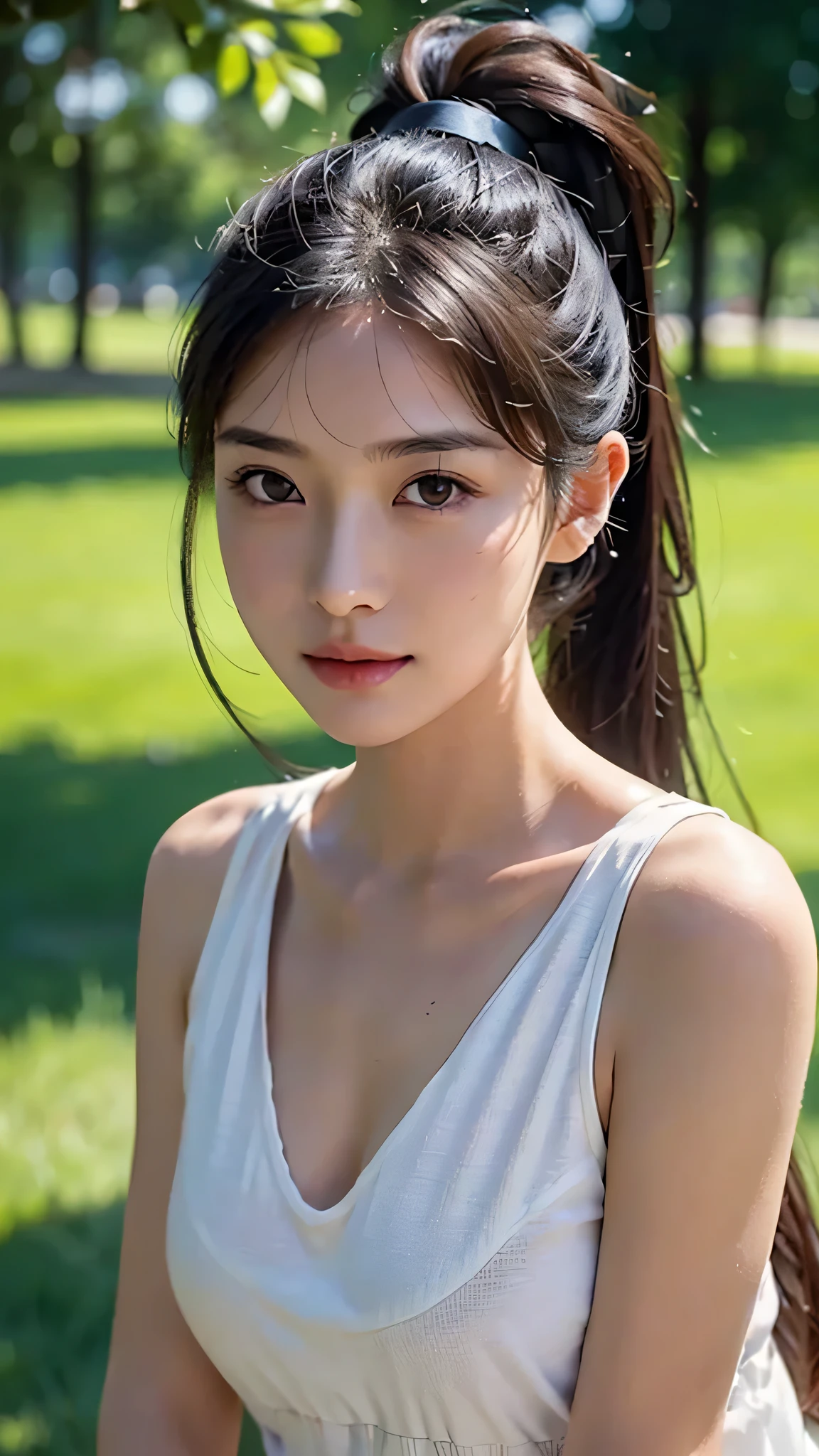 dress,outdoors,Urban Park,On the lawn,One woman,close up face,fully body photo,masutepiece, The highest image quality, High quality, the background is clear,Beautiful woman, Japanese, Detailed, Ultra-detailed, finely detail, hight resolution, 8K Wallpaper, Perfect dynamic composition, Beautiful detailed eyes ,Detailed eyes, Detailed skin, Beautiful skin, 超hight resolution, (reality: 1.4),Very beautiful woman, Slightly younger face, Beautiful skin, slender, (Ultra photo realsisim), (hight resolution), (8K), (Very detailed) (beautifully detailed eyes), (super detailed), (Detailed face), view the viewer, Fine details, Detailed face, Staring straight ahead, Staring straight ahead, photos realistic, Bright lighting, Professional Lighting, Black hair,poneyTail,a ,sixteen ye: ponytail,Long ponytail hairstyle,slight smile,