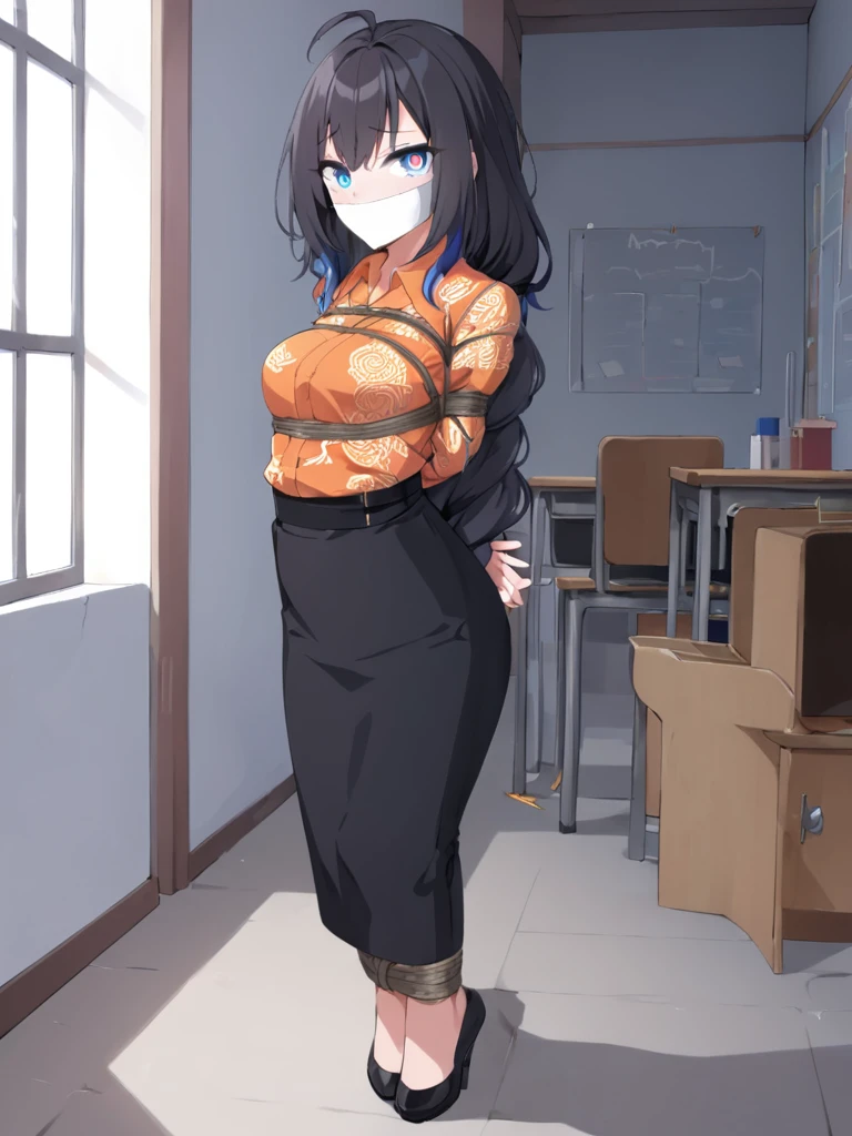 score_9, score_8_up, source_anime, 1girl,A teenage girl, standing confidently in a schoolyard, wearing a traditional Indonesian . The uniform features a vibrant, orange batik patterned shirt with long sleeves. A simple black belt cinches the waist. Her long, flowing black skirt reaches her ankles, contrasting with the colorful top.innocent, blue eyes,full body ,ahoge, solo, colored tips, black hair, high-waist skirt, long skirt, black skirt, , long sleeves, standing, indoors, (bound with an excessive amount of ropes), (bound wirsts), (arms behind back), (tapegag, tape gag), dramatic, (looking at viewer), (detailed pupils:1.3),ahoge,pencil skirt, classroom