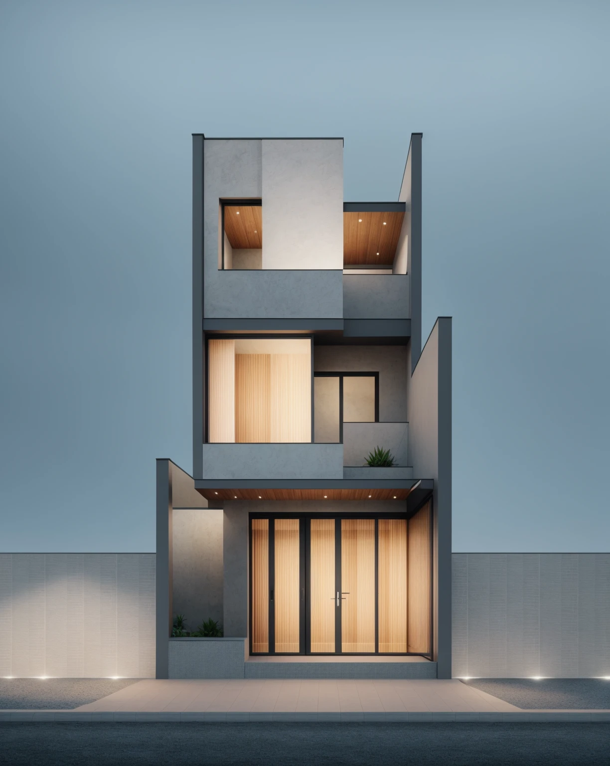 1 morden architect, main material by white wall and wood, 1large yard, 1 road runs in front of the house, (RAW photo, real, best quality, masterpiece:1.2), look morden minimalist, 1 road in front of the house, dynamic lighting:1.3, (hyper realistic, photo-realistic:1.2), high quality, (dark lighting:1.2), perfect lighting, archdaily, no human