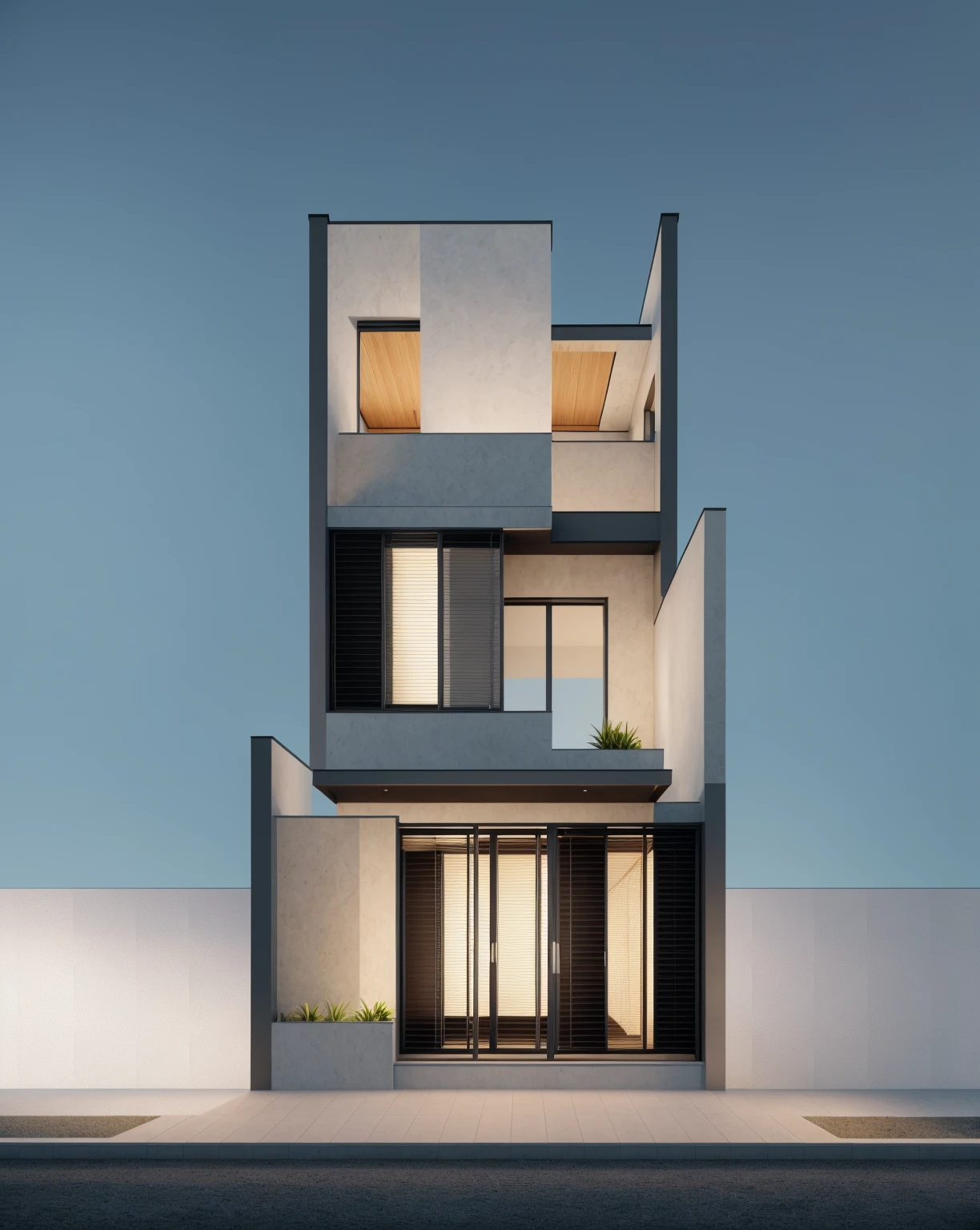 1 morden architect, main material by white wall and wood, 1large yard, 1 road runs in front of the house,  (RAW photo, real, best quality, masterpiece:1.2), look morden minimalist, 1 road in front of the house, dynamic lighting:1.3, (hyper realistic, photo-realistic:1.2), high quality, (dark lighting:1.2), perfect lighting, archdaily, no human