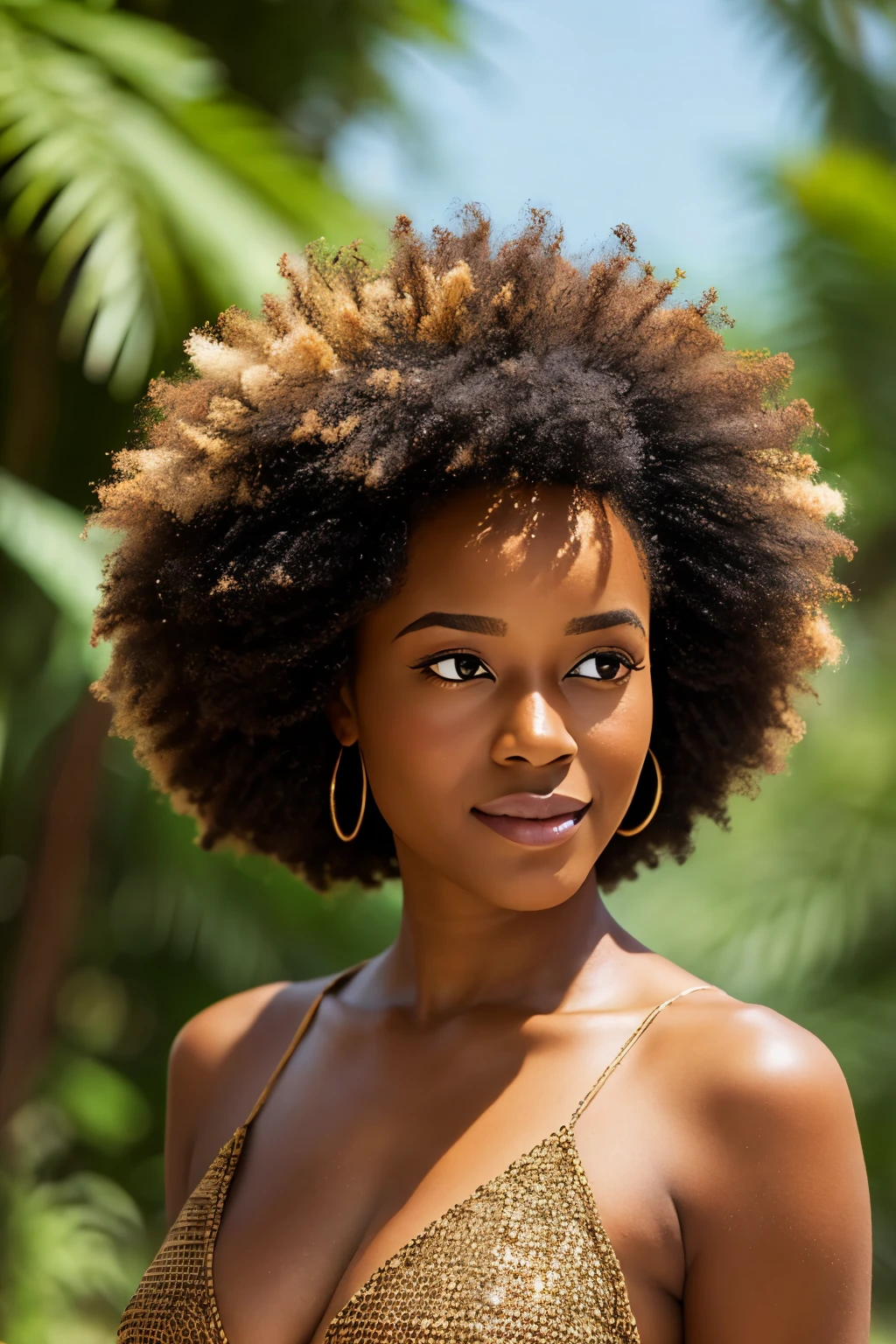 une femme nu, cheveux afro, la peau couverte de miel, background nature