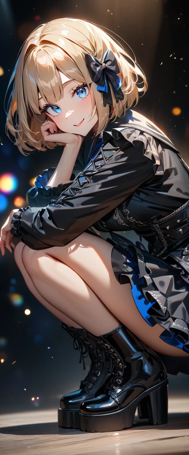 (((One girl))), Shibuya, streat, blond hair, bob cut, (looking at viewer), (((full body))), squatting, breasts, teenager, head tilt:1.3, (((blue eye, sparkle in the eye:2.0))), constricted pupils, (from side:1.3), ((happy smile)), (((gothic lolita:1.3))), short dress, hair ornament, hair ribbon, anime style, (best quality, 4k, 8k, highres, masterpiece:1.2, ultra-detailed, ultra-detailed eyes, HDR, UHD, studio lighting, ultra-fine painting, sharp focus, physically-based rendering, extreme detail description, professional, vivid colors, bokeh)