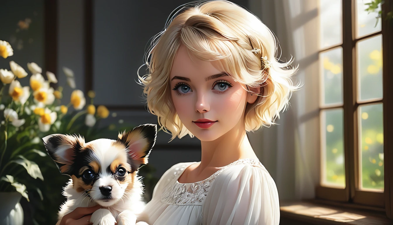 (Masterpiece, Top quality, Top quality, Official art, Beautiful, Aesthetic: 1.2), High resolution, High contrast, Wide shot, Beautiful girl with grey eyes and pretty blonde short hair, Beautiful white dress, Cute tri-coloured papillon puppy, Affection, Love, Cozy atmosphere, Nature LIGHT.