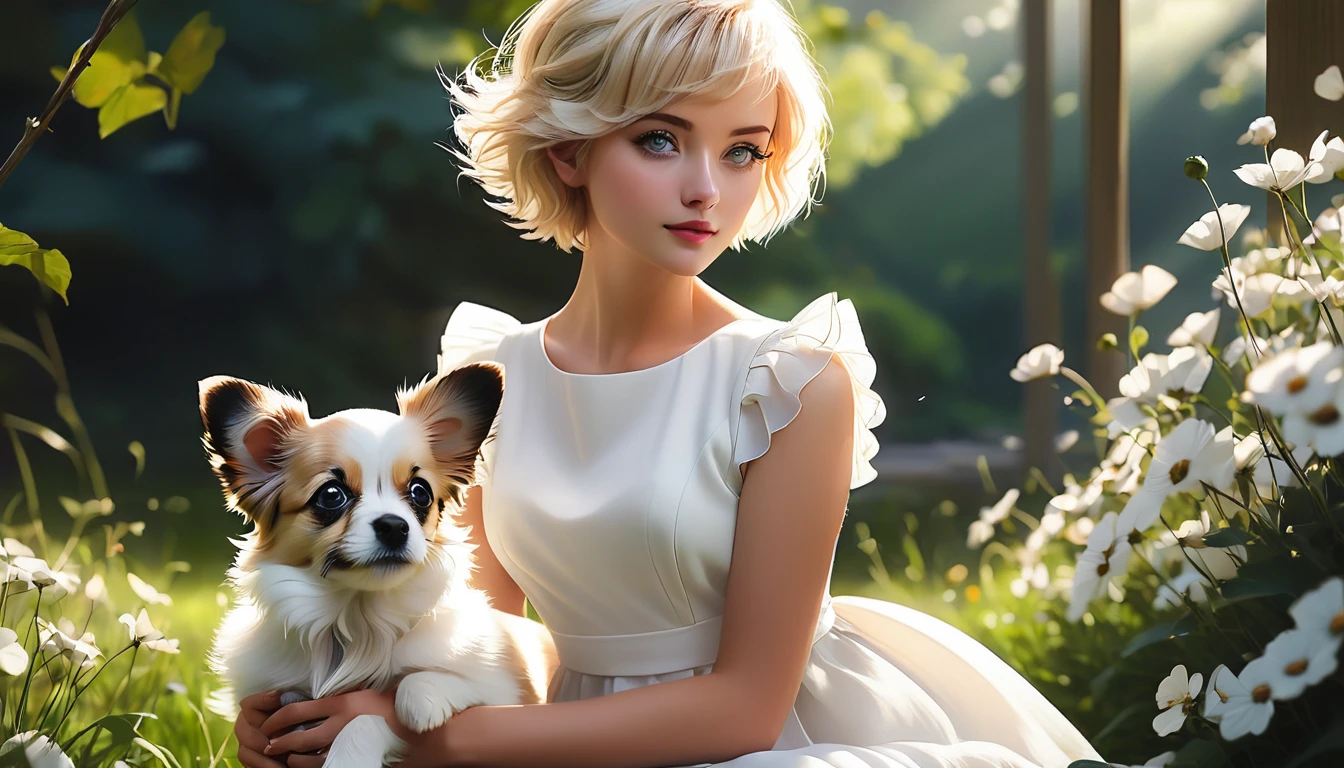 (Masterpiece, Top quality, Top quality, Official art, Beautiful, Aesthetic: 1.2), High resolution, High contrast, Wide shot, Beautiful girl with grey eyes and pretty blonde short hair, Beautiful white dress, Cute tri-coloured papillon puppy, Affection, Love, Cozy atmosphere, Nature LIGHT.