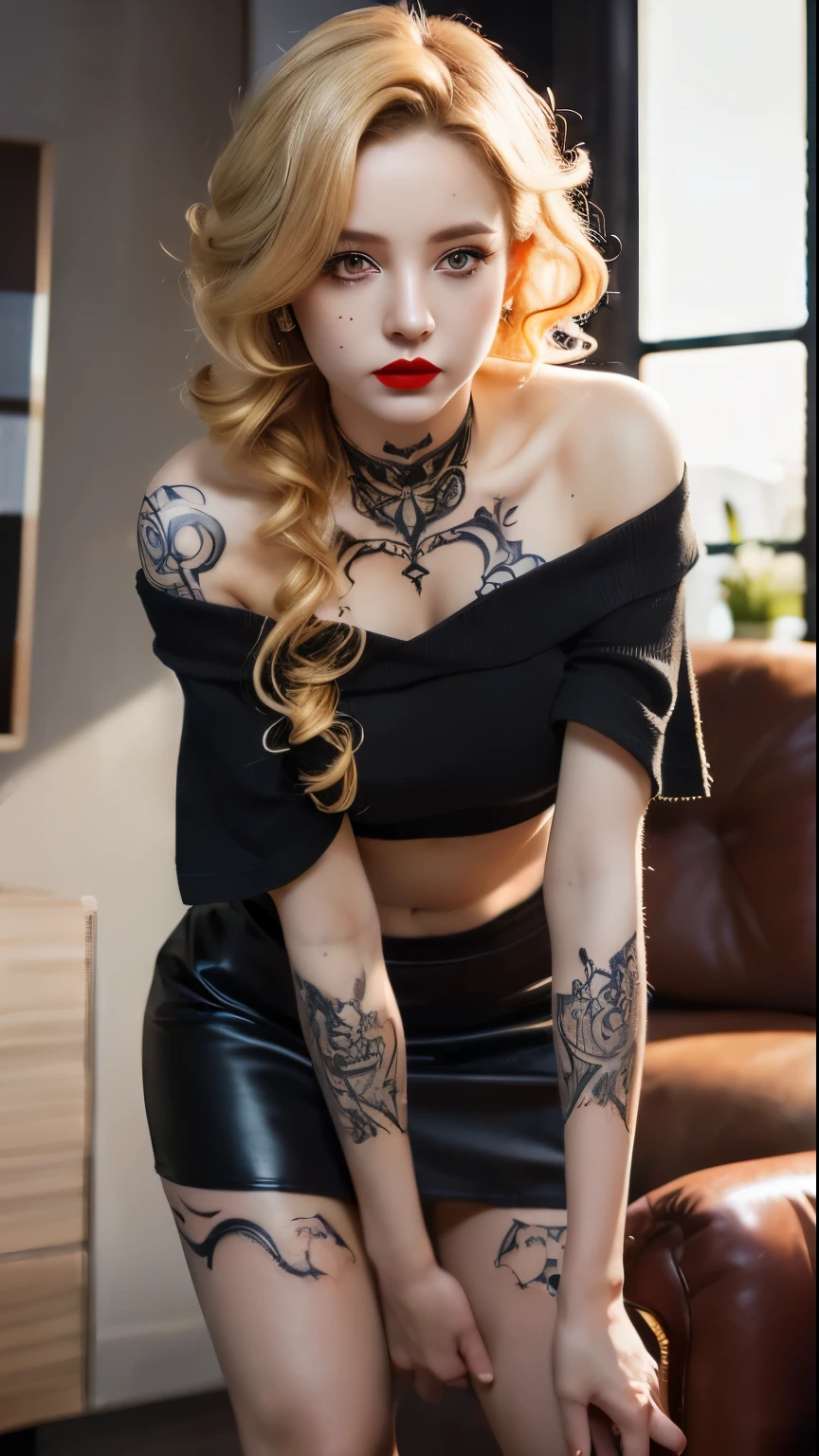 ((best quality: 1.5)) ((masterpiece: 0.8)), intricate details, sharp focus, professional, real life, 얼굴의 realistic 표현, dynamic pose, BREAK with a realistic and highly detailed rendering style (((muscular woman, ((Body tattoo:0.4, (((black skirt, Men's shirt, off shoulder, lean forward), Blackout Goth Eyeshadow, red lipstick)))), golden hour, ((((long blonde curly hair)), [flat chest:medium chest:0.8]), inside, Couch), Squeaky, freckles: 0.7, ice blue eyes))), realistic, surreal, 8K