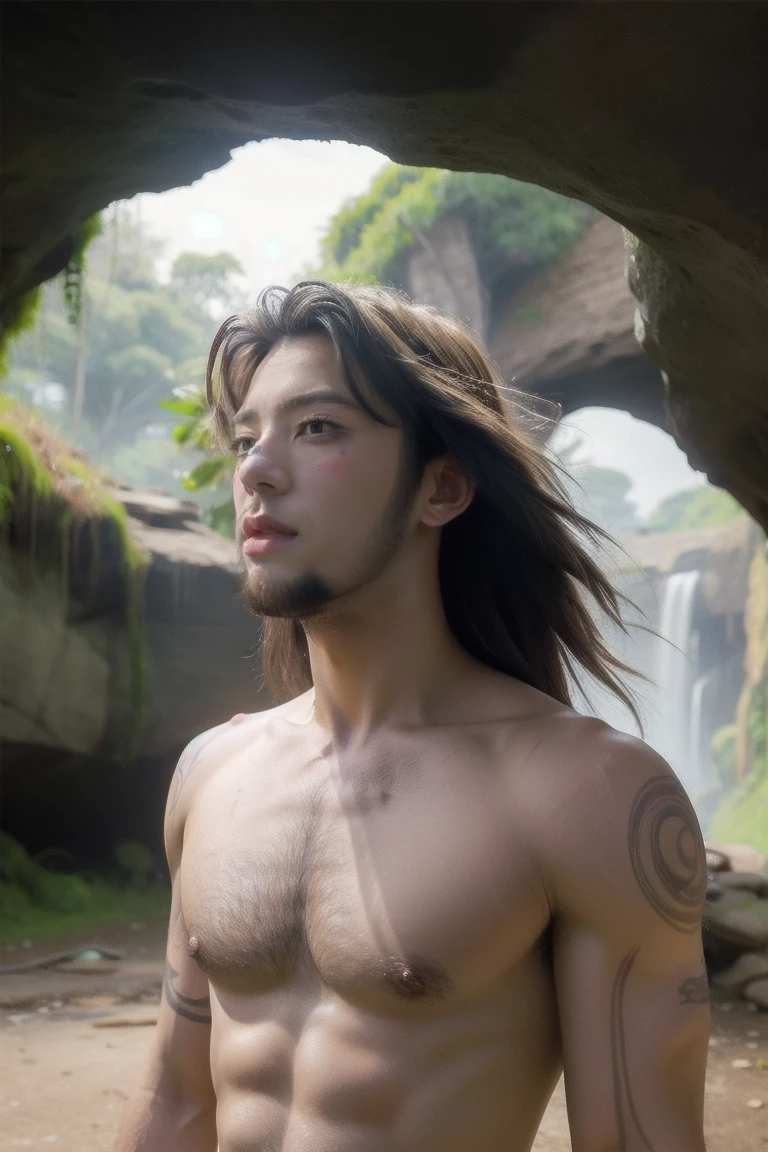 (masterpiece), best quality, expressive eyes, perfect face, male caveman, messy hair, thin, upper body, bare chest, dark hair, ((ancient setting)), cave, tree, handaxe, animal fur over his shoulders