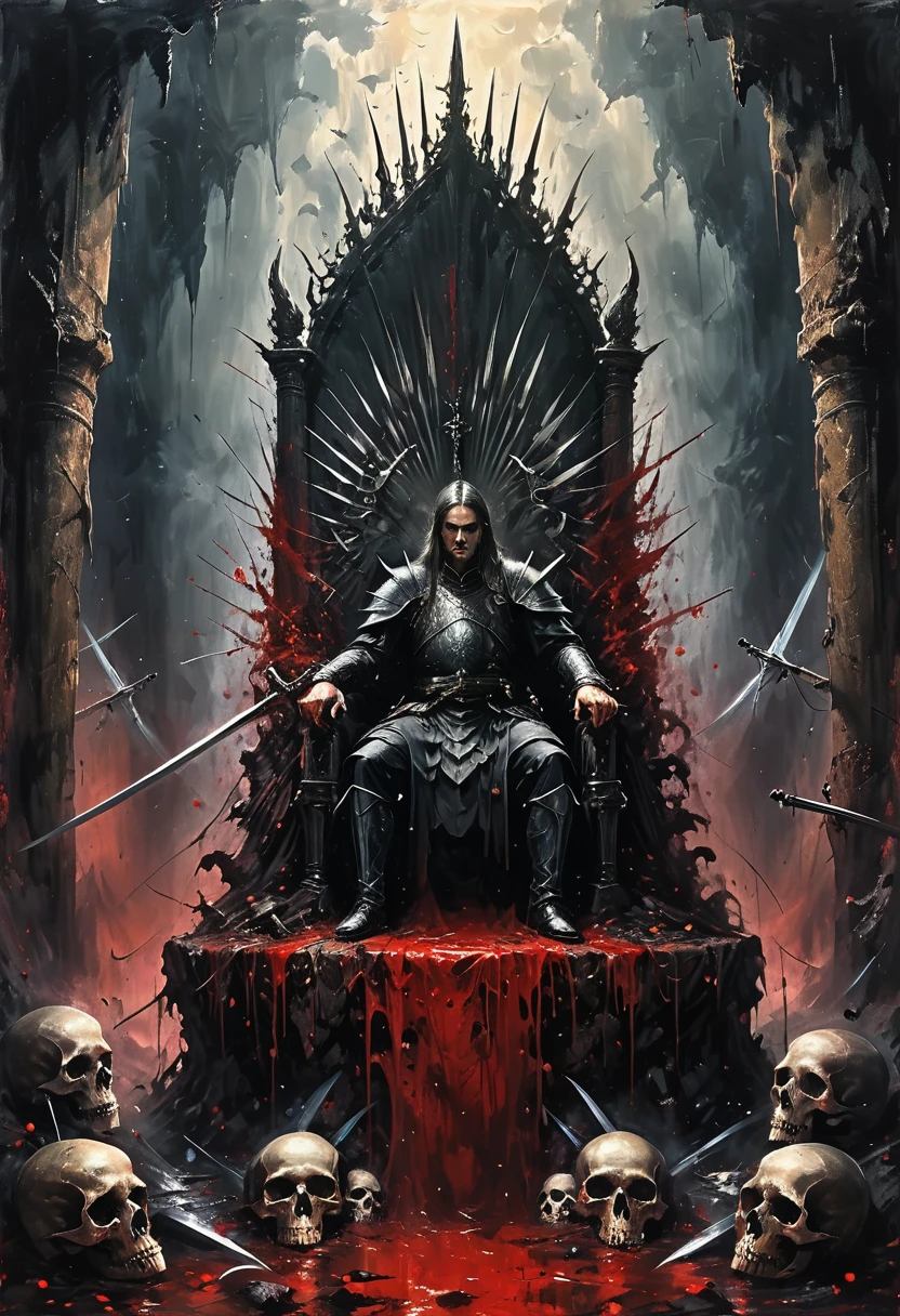 Cave，Underground Kingdom，Gothic style，A painting，(((Throne of Swords:1.37)))On a pile of skulls, Disturbing, crawl, gloomy, rotten, Blood rushes like a river，