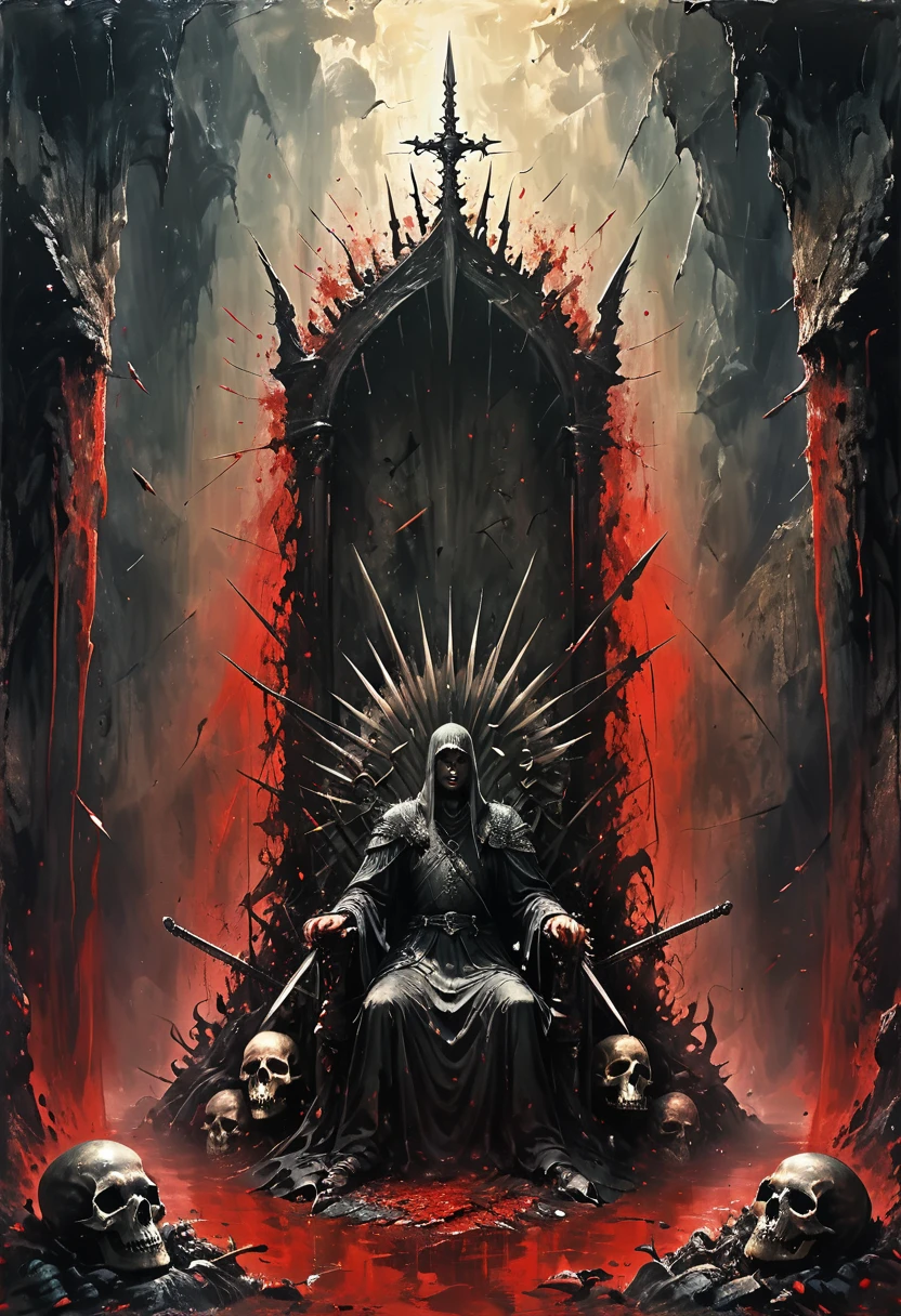 Cave,Underground Kingdom,Gothic style,A painting,(((Throne of Swords:1.37)))On a pile of skulls, Disturbing, crawl, gloomy, rotten, Blood rushes like a river,