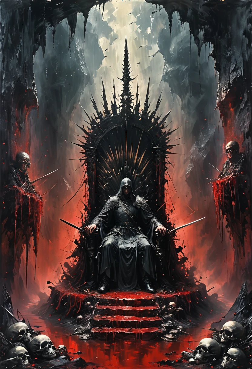 Cave，Underground Kingdom，Gothic style，A painting，(((Throne of Swords:1.37)))On a pile of skulls, Disturbing, crawl, gloomy, rotten, Blood rushes like a river，