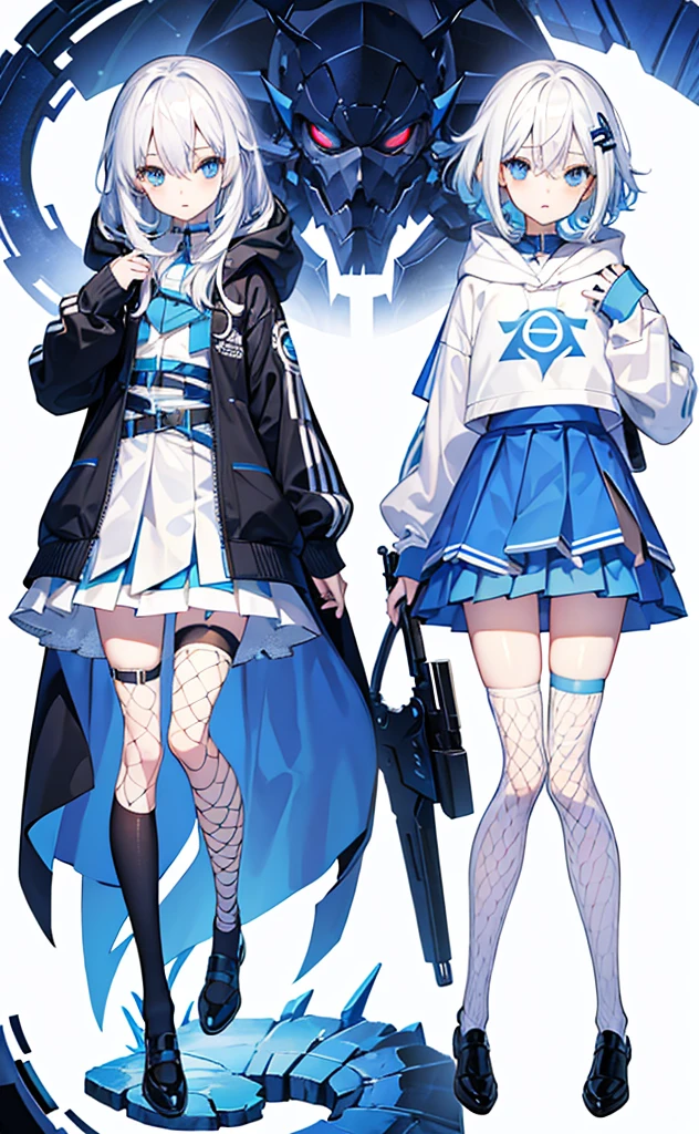 ,White hair,Blue Eyes,hoodie,Blue skirt for lower body,Fishnet stockings,Technology,flat chest,whole body。White background。