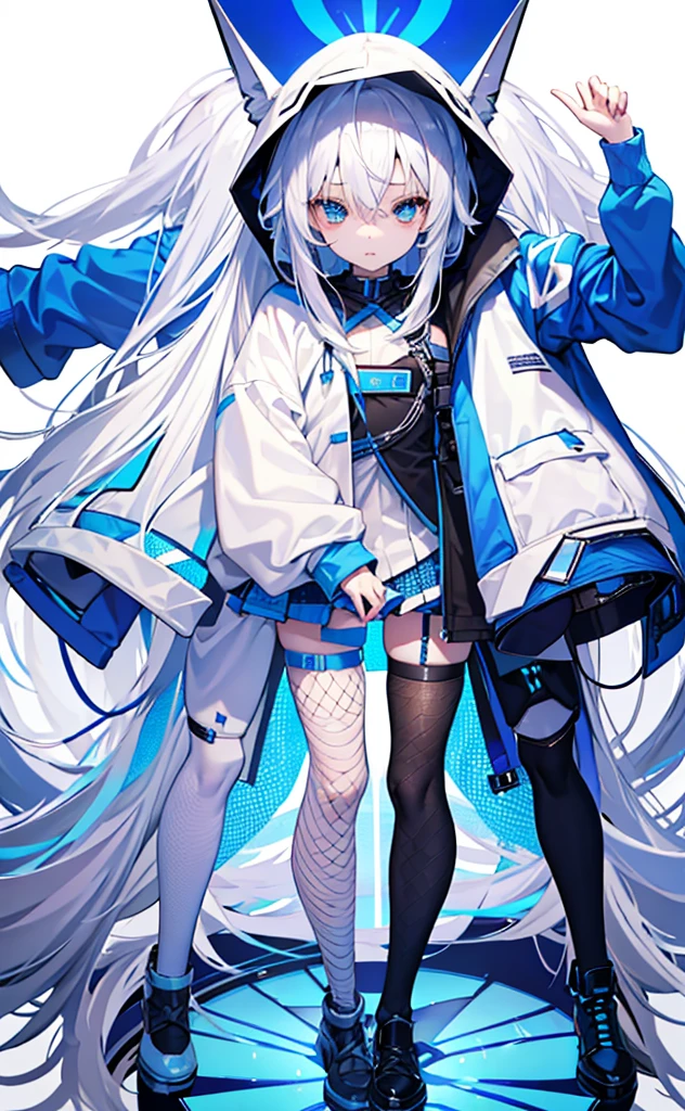 ,White hair,Blue Eyes,hoodie,Blue skirt for lower body,Fishnet stockings,Technology,flat chest,whole body。White background。