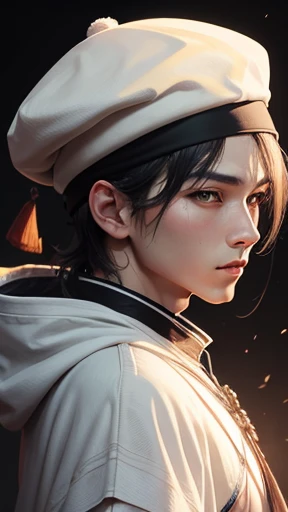 (He is wearing a white robe over his ancient Chinese clothing.)、(He wore a white beret loosely wrapped around his head like a turban.)、(His beret fits perfectly over his helmet.)、(His beret puffs up like a normal hood and hangs down behind his head.)、