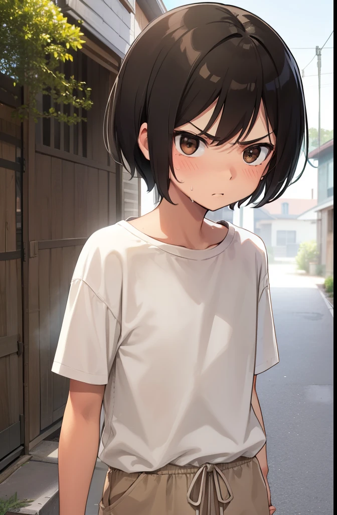 Residential Street,Are standing,Put your hands behind your back,Brown eyes,1 ,boyish.Two-block shorthair,Black Hair,blush,White T-shirt,Olive green shorts,Brown Sandals,White skin,summer,from the front,shy,Sweat,Angry face,View your viewers