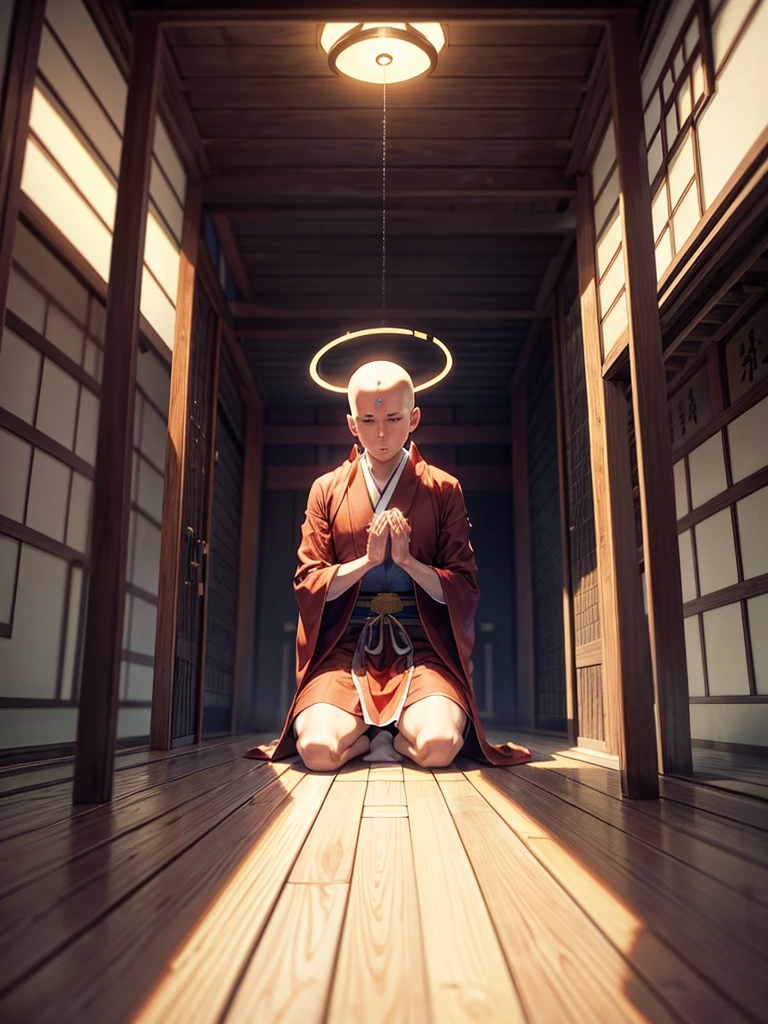 Highest quality,Highest Resolution,A skinhead monk wearing a robe prays with his hands together,Halo,Japanese,Japanese temple grounds,