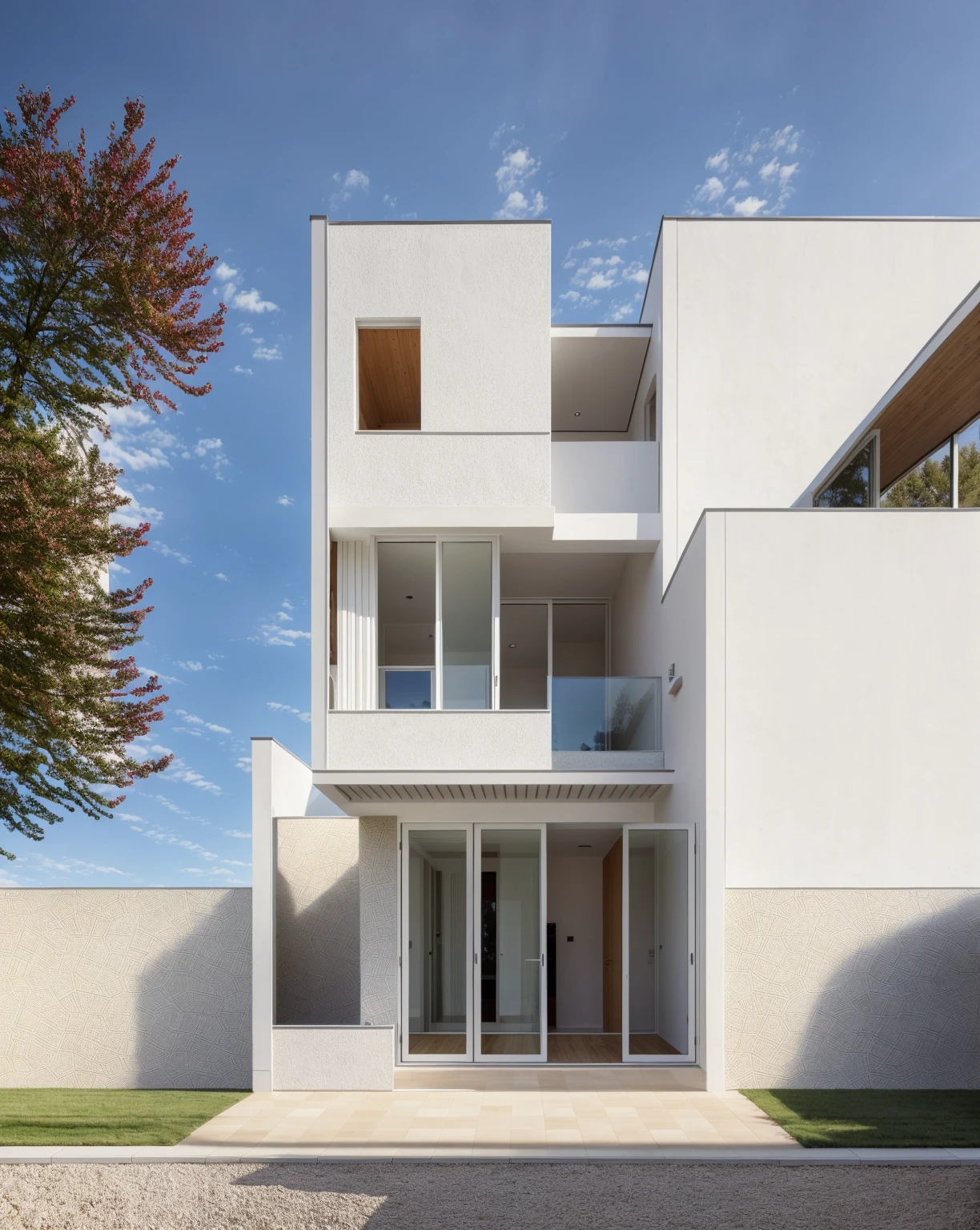 1 architecte moderne, main material by white wall and wood, 1 large courtyard, 1 road passes in front of the house, (Photo brute, real, best quality, head of'artwork:1.2), avoir l'modern and minimalist look, 1 route devant la maison, dynamic lighting:1.3, (hyper realistic, photo-realistic:1.2), High quality, (dark lighting:1.2), perfect lighting, archquotidiennement, no'humain