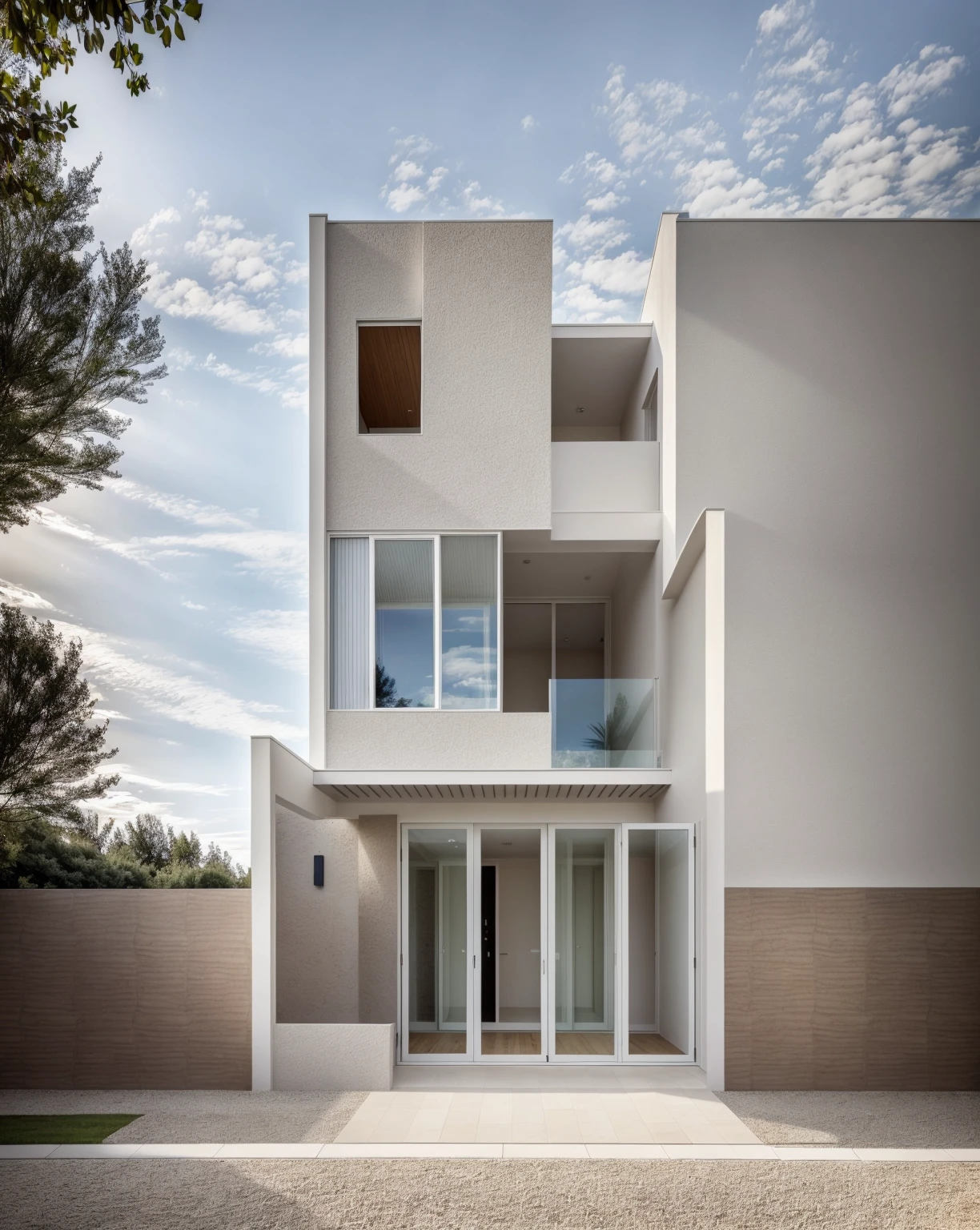 1 architecte moderne, main material by white wall and wood, 1 large courtyard, 1 road passes in front of the house, (Photo brute, real, best quality, head of'artwork:1.2), avoir l'modern and minimalist look, 1 route devant la maison, dynamic lighting:1.3, (hyper realistic, photo-realistic:1.2), High quality, (dark lighting:1.2), perfect lighting, archquotidiennement, no'humain