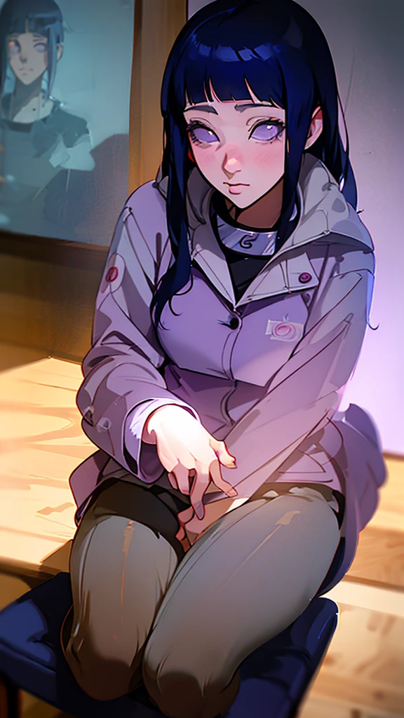 a close up of a person sitting on a chair with a coat, a manga drawing inspired by Miwa Komatsu, trending on pixiv, shin hanga, hinata hyuga, hinata hyuga from naruto, ecchi anime style, ecchi style, realistic , in anime style, anime full body illustration, beautiful anime high school girl