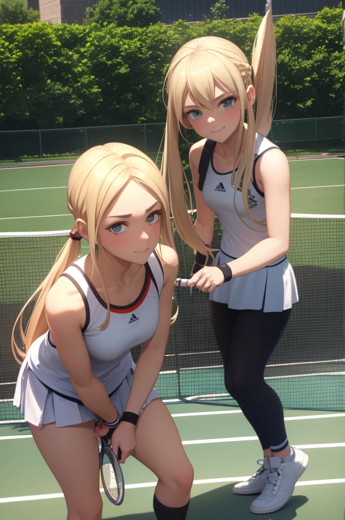 A confident young woman, Mia, on a tennis court, standing tall with a tennis racket in her hand and a smirk on her face. She has long blonde hair tied in a ponytail and is wearing a sporty outfit. Opposite her, a slightly embarrassed man, Thorin, in his tennis attire, looking flustered and humiliated. The background shows a typical tennis court with a net and some greenery around. The atmosphere should convey the power dynamics with Mia clearly in control and Thorin visibly dominated and outclassed.