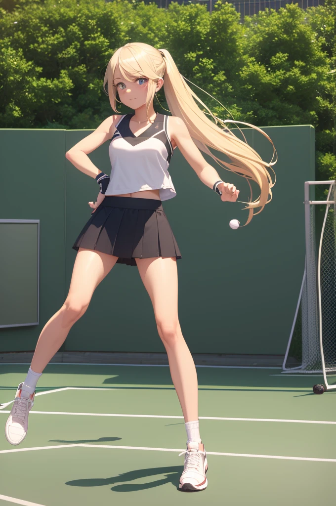 A confident young woman, Mia, on a tennis court, standing tall with a tennis racket in her hand and a smirk on her face. She has long blonde hair tied in a ponytail and is wearing a sporty outfit. Opposite her, a slightly embarrassed man, Thorin, in his tennis attire, looking flustered and humiliated. The background shows a typical tennis court with a net and some greenery around. The atmosphere should convey the power dynamics with Mia clearly in control and Thorin visibly dominated and outclassed.