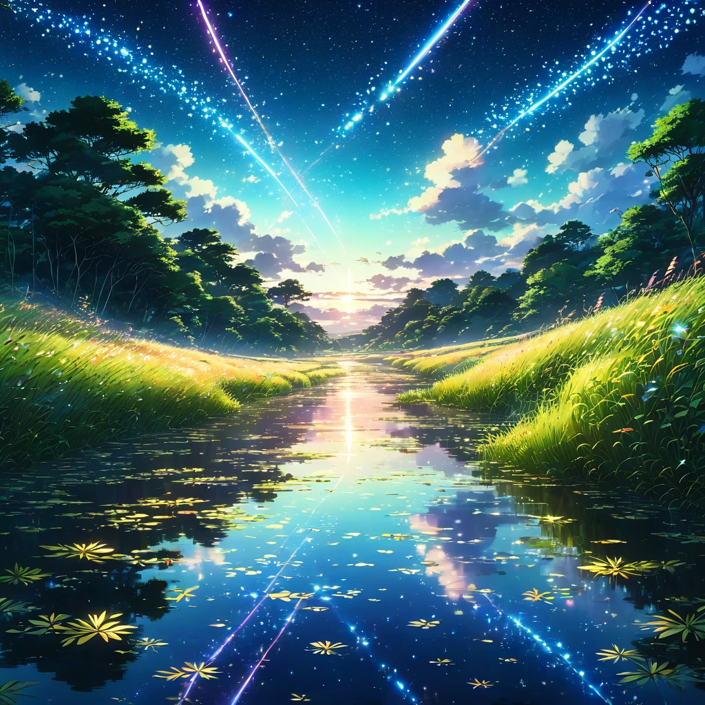 summer night, countryside, Riverside, fire Fly, Light trail, Grassland, Silence, starry skies, water surface, reflection, Fantasy, mysterious, Nostalgic, beautiful, Photorealistic, high resolution, 8K、beautiful Anime Scenery, Landscape painting, beautifulデジタル絵画, Andreas Rocha, beautifulアートワークのイラスト, Awesome Wallpapers, Raymond Han, 背の高いbeautiful絵画, Studio Greeble Makoto Shinkai, beautiful壁紙, Anime Scenery