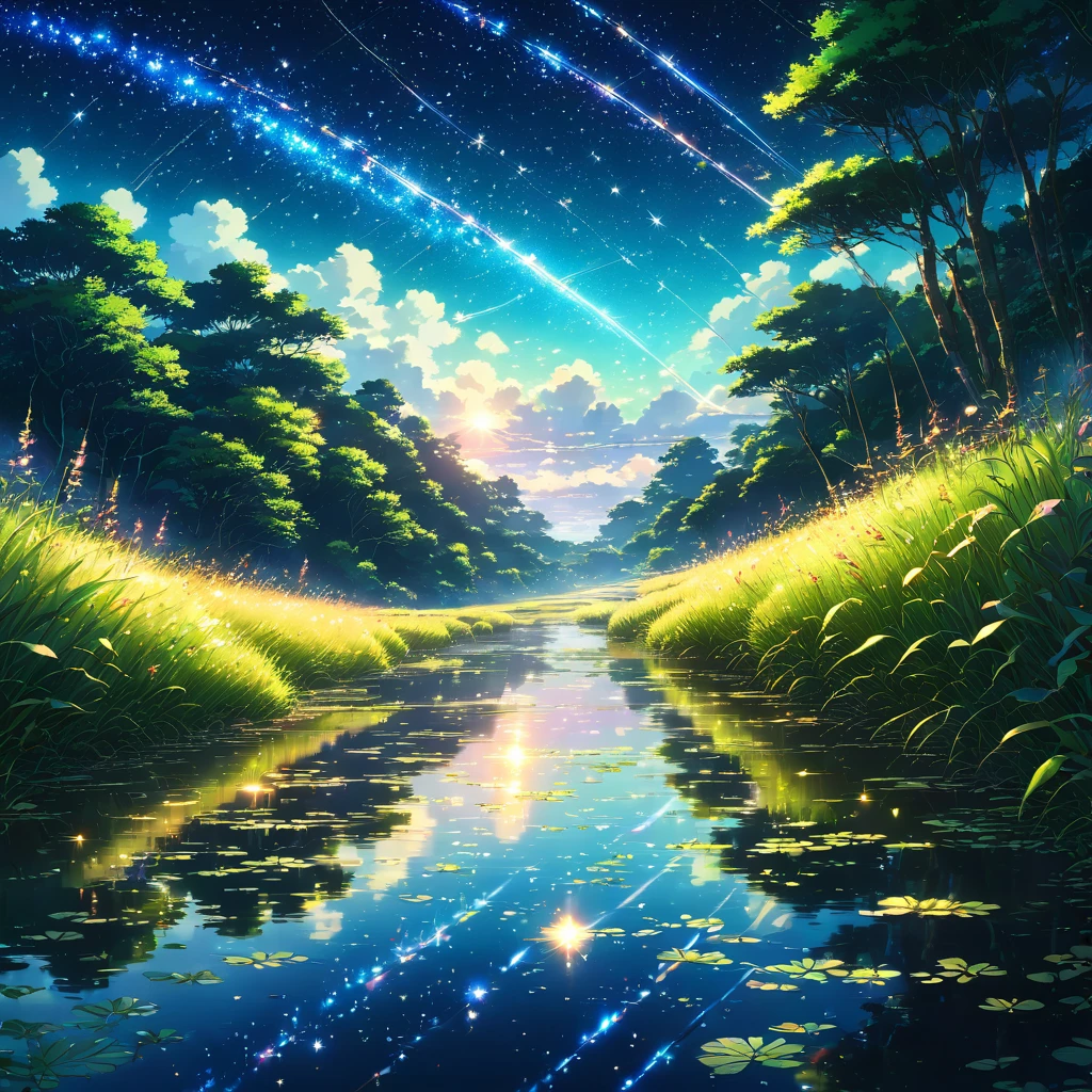 summer night, countryside, Riverside, fire Fly, Light trail, Grassland, Silence, starry skies, water surface, reflection, Fantasy, mysterious, Nostalgic, beautiful, Photorealistic, high resolution, 8K、beautiful Anime Scenery, Landscape painting, beautifulデジタル絵画, Andreas Rocha, beautifulアートワークのイラスト, Awesome Wallpapers, Raymond Han, 背の高いbeautiful絵画, Studio Greeble Makoto Shinkai, beautiful壁紙, Anime Scenery