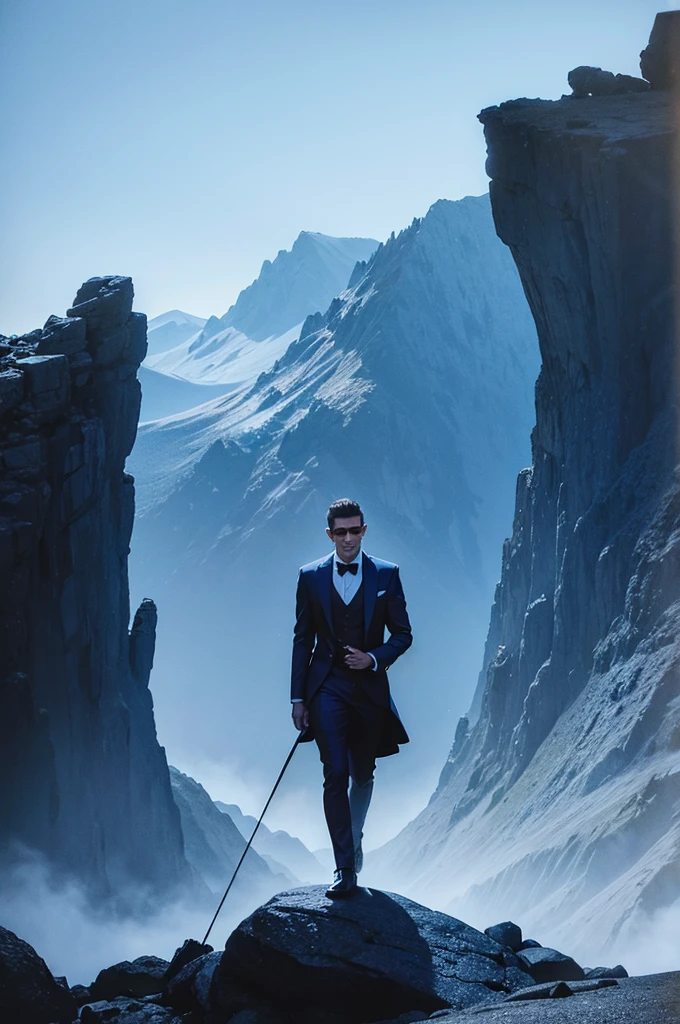 A man dressed in dark fantasy blue on top of a mountain range