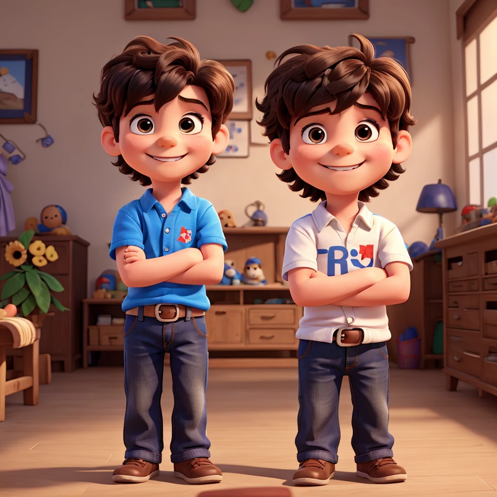 A 5 year old boy with hair, Smiling and with my arms crossed. 8K, UHD and pixar style.