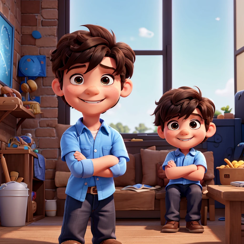 A 5 boy with hair, Smiling and with my arms crossed. 8K, UHD and pixar style.