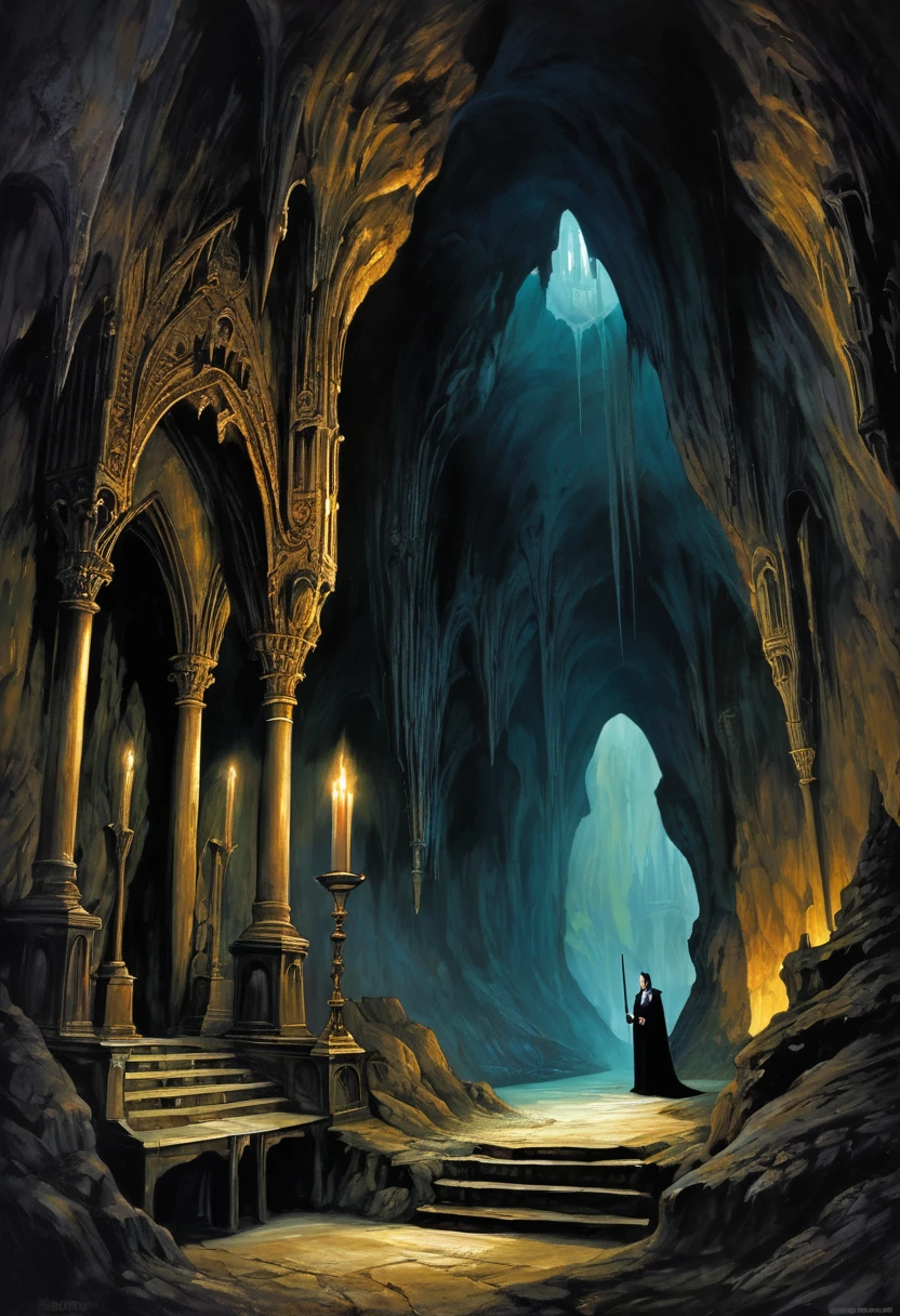 Cave,Underground Kingdom,Gothic style,A painting,(((The Judge's Throne)))On a pile of skulls, Disturbing, crawl, gloomy, rotten, Blood rushes like a river,