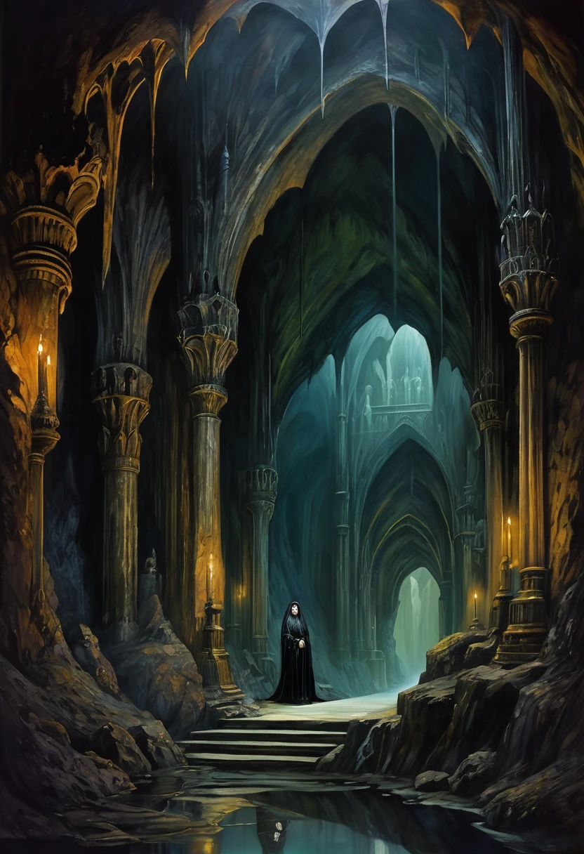 Cave，Underground Kingdom，Gothic style，A painting，(((The Judge&#39;s Throne)))On a pile of skulls, Disturbing, crawl, gloomy, rotten, Blood rushes like a river，