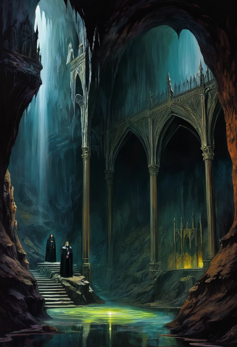 Cave,Underground Kingdom,Gothic style,A painting,(((The Judge's Throne)))On a pile of skulls, Disturbing, crawl, gloomy, rotten, Blood rushes like a river,