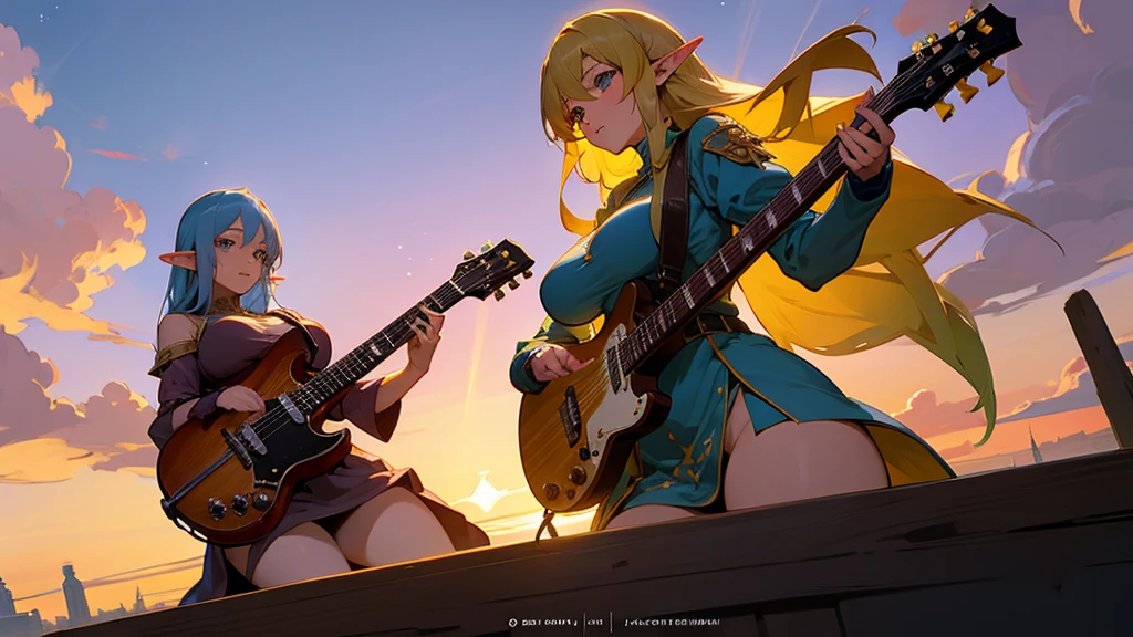 Anime Style,Nostalgic,Detailed background,The medieval world,A lively bar with lots of people,Beautiful sky,Beautiful Elf Bard,guitar,Large Breasts,Healthy thighs