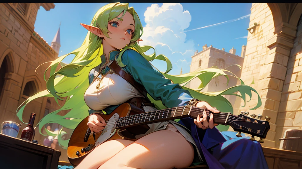 Anime Style,Nostalgic,Detailed background,The medieval world,A lively bar with lots of people,Beautiful sky,Beautiful Elf Bard,guitar,Large Breasts,Healthy thighs