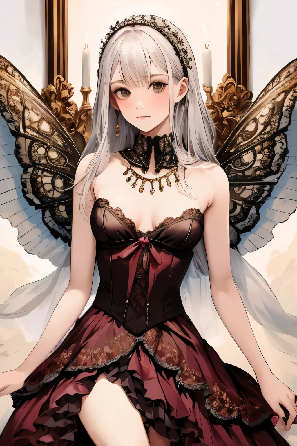 ((best quality)), ((masterpiece)), (detailed), 1girl, NSFW, long white grey hair, grey white eyes, very skinny, detailed, best quality, prominent collarbones, skinny arms, flat stomach, visible hip bones, small breasts, full body, red and white clothing, occult aesthetic, occult, detailed and intricate steampunk and detailed gothic, NSFW, Fluttering lace flared long knee length dress with frilly petticoats, knee length dress, pleated petticoats, petticoats gothic, complex lace boots, gothic aesthetic, wielding a mighty sword with mechanical components, mandalas, small breasts, a fairy, various different types of insect wings, bug wings, beetle wings, NSFW, full body, whole body, body, chains,