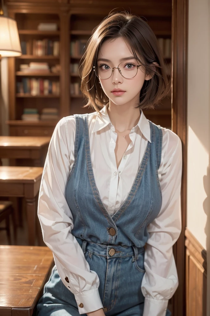 alone, One girl, masterpiece, Highest quality, Very detailed, Cinema Lighting, Exquisite detail, High resolution, Official Art, Beautifully detailed face and eyes, High resolutionのイラスト, 8K, Dark intense shadows, Exposure, [Blonde/Brown Hair], Single Blade, blue eyes, Glasses, Conceit, Sitting in a chair, Upper Body, Large Breasts, White shirt, Yellow suspenders, Book_stack, library, ((vine)), Rose, Looking at the audience
